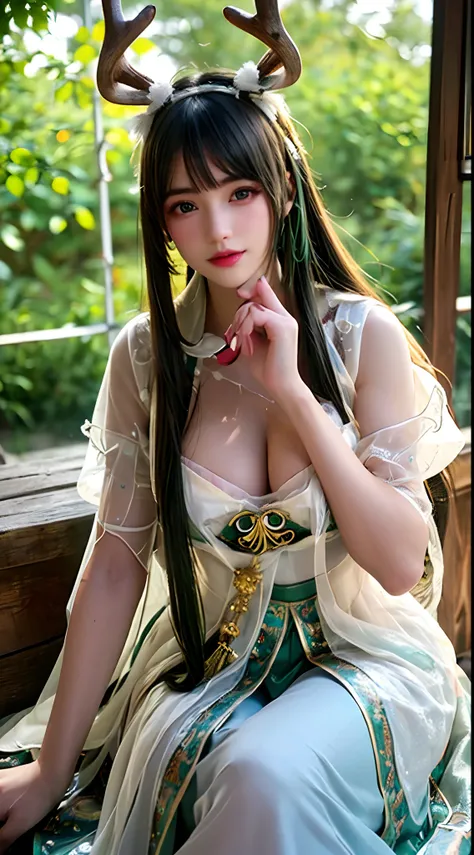 (Best quality,4K,8K,A high resolution,Masterpiece:1.2),Ultra-detailed,(Realistic,Photorealistic,photo-realistic:1.37),Bokeh,Green-haired beauty,Vertical yellow pupils,deer antlers,maid costume,Soft lighting,Bending over,Playful and elegant,Sharp focus,Supe...