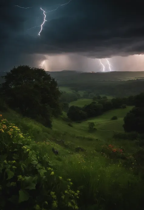 A large place with lots of grass and plants, with a cloudy and dark atmosphere, accompanied by lightning strikes