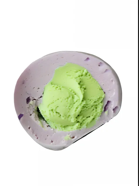 Close-up of purple taro mud balls, Take a bite，Cross-section showing matcha invasion, Lush big breasts,  oozing, Ice cream texture, creamy, Green head, blobs, Soft surface, violet colors