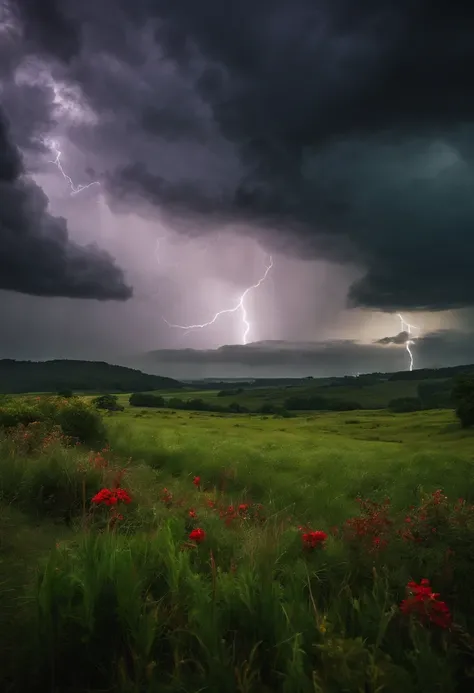 A large place with lots of grass and plants, with a cloudy and dark atmosphere, accompanied by lightning strikes