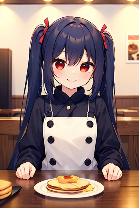 1girl, young girl, masterpiece, high quality, dark blue hair, long hair, straight hair, (twintail), red eyes, in the restaurant, eating pancake, happy, wearing a coat, a hair pin, smiling