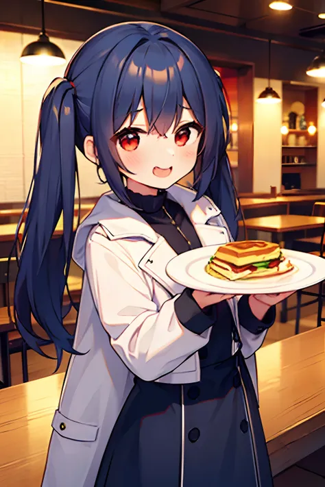 1girl, young girl, masterpiece, high quality, dark blue hair, long hair, straight hair, (twintail), red eyes, in the restaurant, eating pancake, happy, wearing a coat