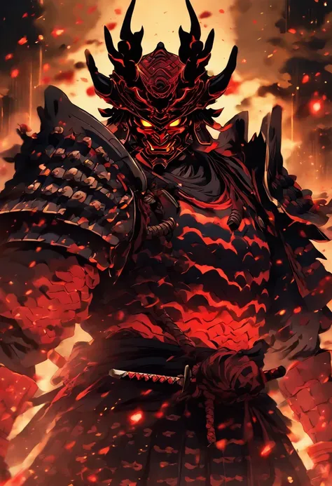 demon with red glowing eyes wearing an ancient japanese shogun armor with helmet standing in a battle stance ready to draw its blade