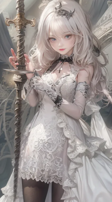 (((Masterpiece))), (((top quality))), (((super detailed))), Fighting a dragon on a castle, holding a very large gothic designed sword, very dark and spooky castle, dark light of the moon, One woman in Gothic Lolita fashion, 14 years old,   anatomy (beautif...