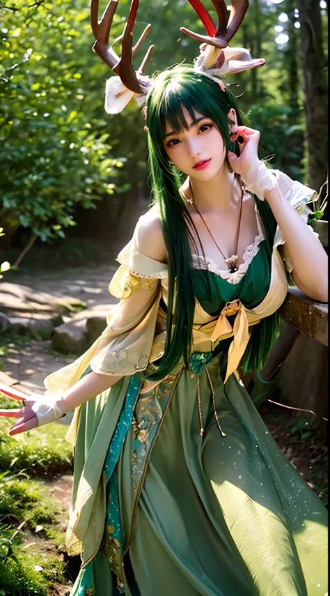 (Best quality,4K,8K,A high resolution,Masterpiece:1.2),Ultra-detailed,(Realistic,Photorealistic,photo-realistic:1.37),Bokeh,Green-haired beauty,Vertical yellow pupils,deer antlers,maid costume,Soft lighting,Bending over,Playful and elegant,Sharp focus,Supe...