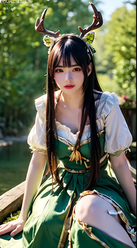 (Best quality,4K,8K,A high resolution,Masterpiece:1.2),Ultra-detailed,(Realistic,Photorealistic,photo-realistic:1.37),Bokeh,Green-haired beauty,Vertical yellow pupils,deer antlers,maid costume,Soft lighting,Bending over,Playful and elegant,Sharp focus,Supe...