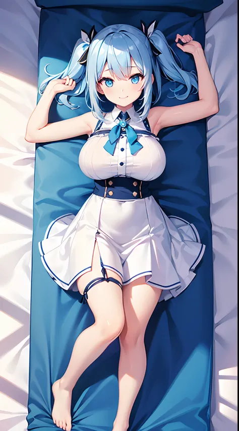 1 girl, game CG, white shirt, shoulders visible, short skirt, string hair ribbon, gigantic breasts, light blue hair, middle hair, two side up, blue eyes, dakimakura, full body, arms up, smile,