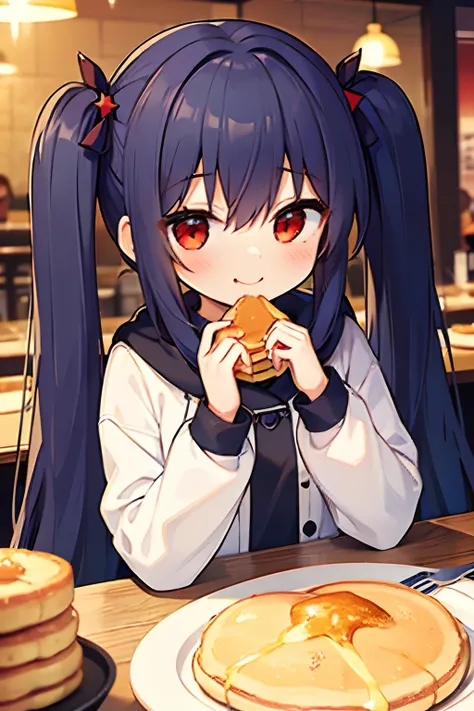 1girl, young girl, masterpiece, high quality, dark blue hair, long hair, straight hair, (twintail), red eyes, in the restaurant, eating pancake, happy, wearing a coat, a hair pin, smiling, ((detail face)), stars in the eyes