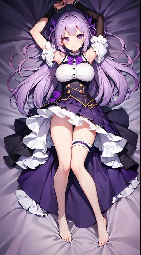 1 girl, game CG, frilled shirt, shoulders visible, short skirt, hair ribbon, gigantic breasts, light purple hair, long hair, french braid, purple eyes, dakimakura, full body, arms up, smile,