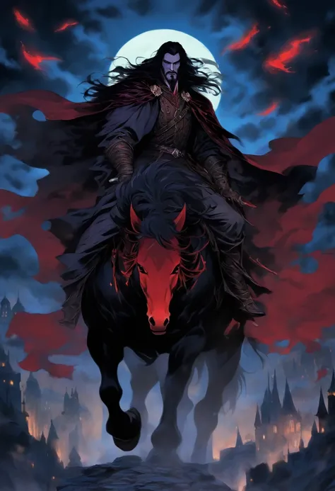 Under the ethereal glow of a full moon, Vlad Dracula, the legendary vampire king, astride a majestic black steed, commands the night with an aura of darkness and dread. His regal countenance is framed by long, flowing locks of midnight black hair, cascadin...