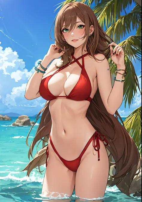 brown hair, green eyes, swimsuit, breasts, navel, bikini, wading, water, day, red_bikini, blue_sky, ocean, sky, outdoors, large_breasts, solo, solo focus, rock, looking_at_viewer, beach, cloud, blurry, cleavage,  red_swimsuit, solo_focus, collarbone, parte...