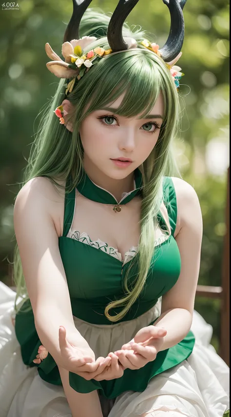 (Best quality,4K,8K,A high resolution,Masterpiece:1.2),Ultra-detailed,(Realistic,Photorealistic,photo-realistic:1.37),Bokeh,Green-haired beauty,Vertical yellow pupils,deer antlers,maid costume,Soft lighting,Bending over,Playful and elegant,Sharp focus,Supe...