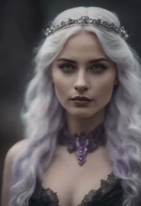 1 girl, with silver hair, white face, braided hair, purple eyes, fox eyes, standing, black victoria dress, dark vibe, beautiful eyes, innocent, black-purple dragon on her back