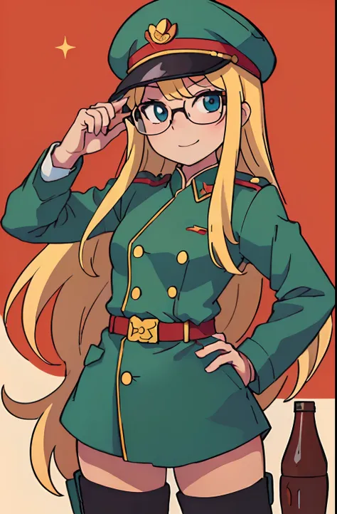 (tmasterpiece)，(best qualtiy)，(1 girl，独奏)，Wear a commissars hat，round frame glasses，Single horsetail，Green Soviet military uniform，erect through,full bodyesbian,(little breast:1.2),army boots，thongs, long hair, coke-bottle glasses, smile, anime style, anat...