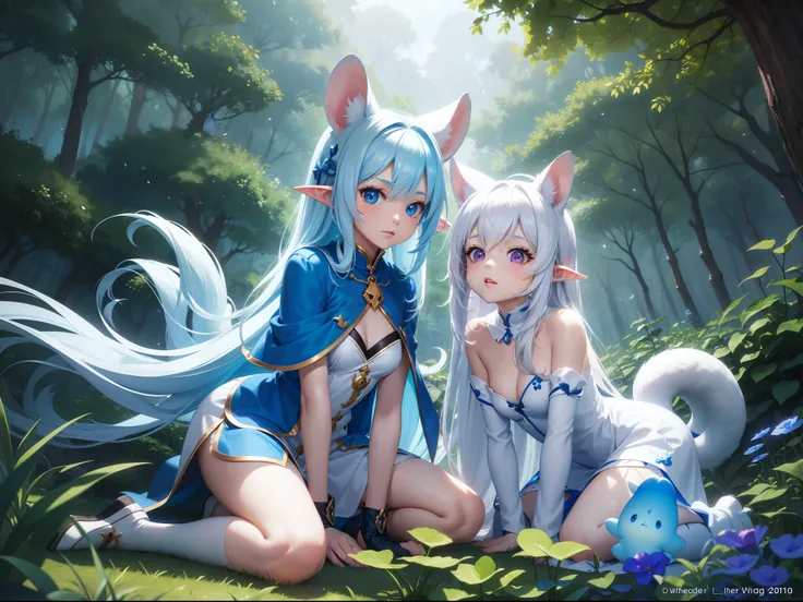 In the forest、There is a small white rabbit with long ears,  White long ears、Im with a pretty girl with long blue hair。It is a cute white and blue costume。Dark eyes。cute forest creature, Cute mushrooms also grow、Adorable Digital Painting, cute detailed dig...