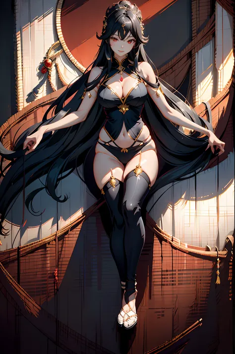 1 daughter、Verikis, The Woman of Sheba、Dance of Belkis at dawn、Light smile、Black Long Hair、red eyes、Black underwear、llight rays、brilliance、thighs thighs thighs thighs、鎖骨、big breasts thin waist、(​masterpiece)、wall-paper、