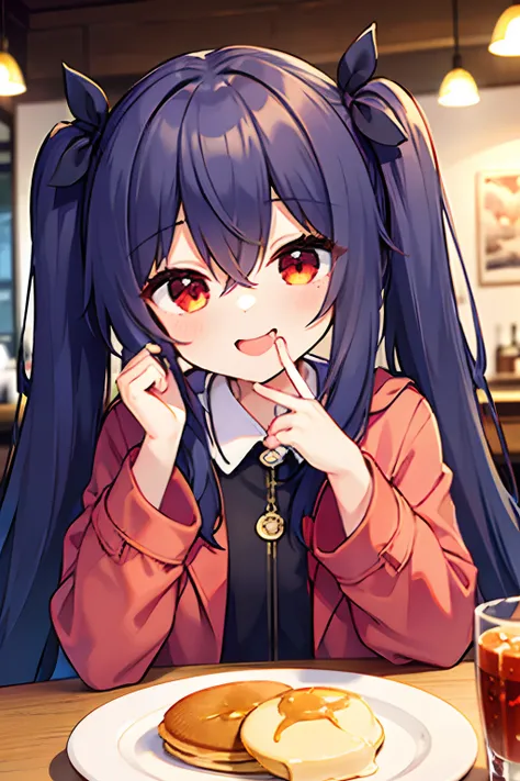 1girl, young girl, masterpiece, high quality, dark blue hair, long hair, straight hair, (twintail), red eyes, in the restaurant, eating pancake, happy, wearing a coat, a hair pin, smiling, ((detail face)), stars in the eyes, licking ones finger