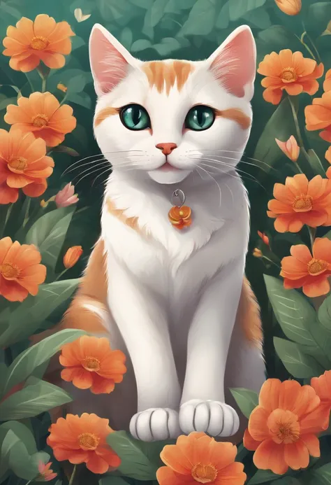 Illustration of a cute cat with bright eyes sitting in a garden with lots of flowers and leaves