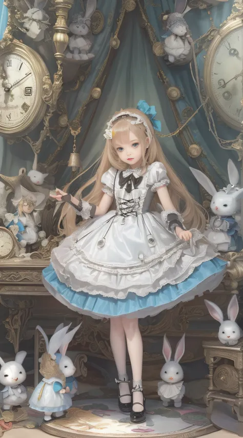 (((Masterpiece))), (((top quality))), (((top image quality))), (((ultra-realistic depiction))), (((Alice in Wonderland in Gothic Lolita fashion))), (((diorama worldview))), chasing a rabbit wearing a silk hat and holding a pocket watch.