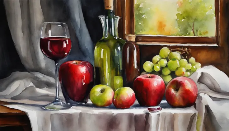 A red wine bottle and apples on the table, wine glass,  window lighting , background curtains, still life impasto painting , dark background,