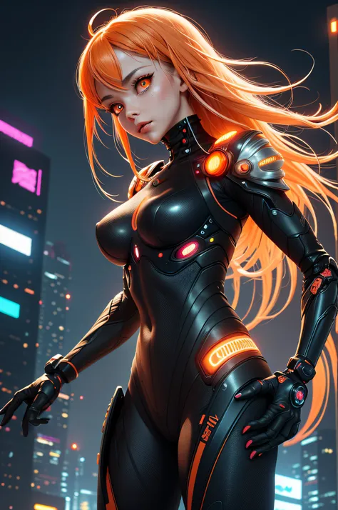 (sfw), intricate details, 1girl, night, (bright neon colors), ((flying over futuristic cyberpunk city)), detailed background, (petite cyborg girl, ((cute perfect face, bright glowing red eyes)), (perfect anatomy, petite perky breasts), (absurdly long gradi...