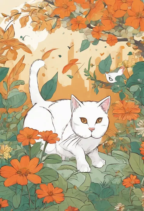 Illustration of a cute cat with white and orange coat sitting in a garden with flowers and leaves. Next to it is a bird on top of a branch.