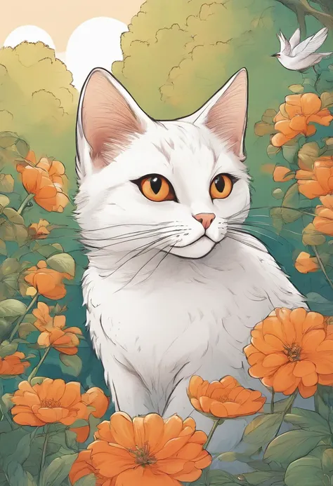 Illustration of a cute cat with white and orange coat sitting in a garden with flowers and leaves. Next to it is a bird on top of a branch.