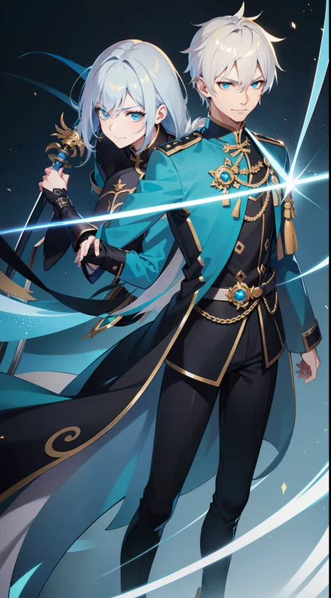 Tall guy, Silver hair squared, Cyan eyes, smirk, grace, Beautiful blue Chinese combat jacket, Gold Elements, black tight pants, Chinese Sword, Blue finch, Ling(Mobile Legends), hiquality, 4k, HD, Good detail