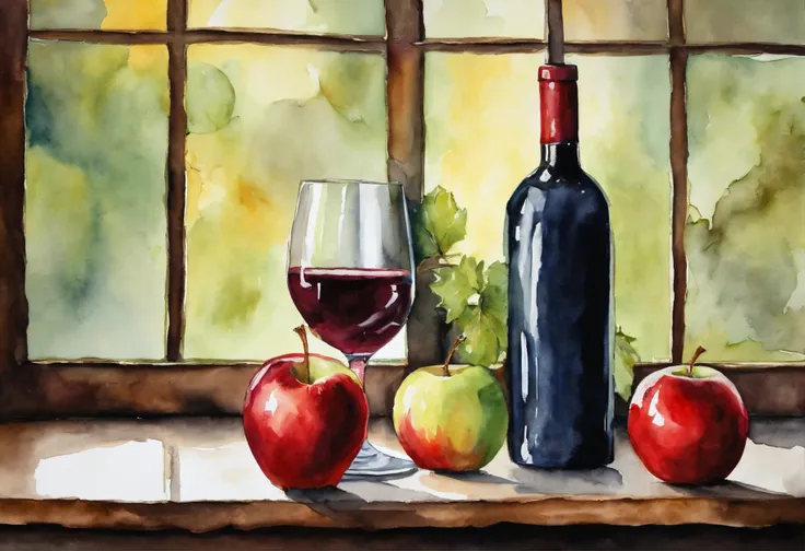 A red wine bottle and apples on the table, wine glass,  window lighting , background curtains, still life impasto painting , dark background,