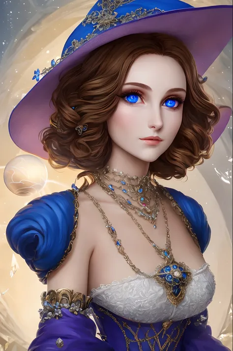 tmasterpiece，Highest high resolution，((magic orb))，Dynamic bust of beautiful aristocratic maiden，Brown chestnut hair elegantly coiled，（(Wearing a huge blue hat))，Purple clear eyes，The hair is covered with beautiful and delicate floral craftsmanship, Crysta...