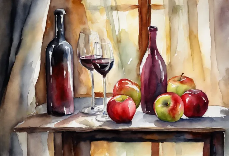 A red wine bottle and apples on the table, wine glass,  window lighting , background curtains, still life impasto painting , dark background,