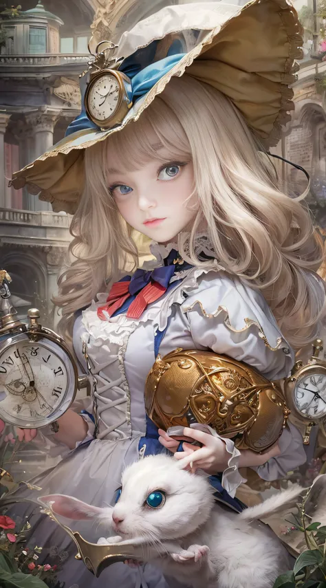 (((Masterpiece))), (((top quality))), (((top image quality))), (((ultra-realistic depiction))), (((Alice in Wonderland in Gothic Lolita fashion))), (((diorama worldview))), chasing a rabbit wearing a silk hat and holding a pocket watch.