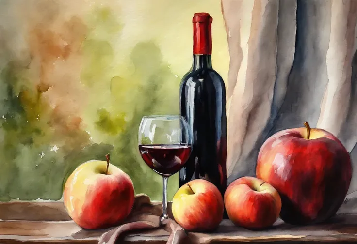 A red wine bottle and apples and peach on the table, a napkin and wine glass,  window lighting , background curtains, still life impasto painting , dark background,