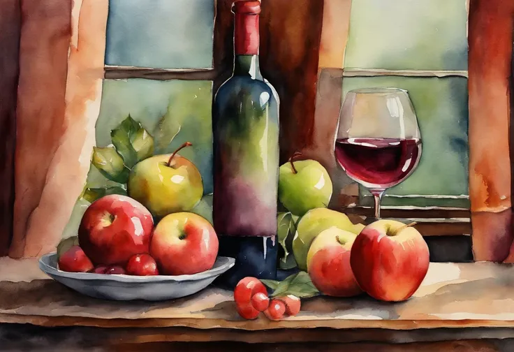 A red wine bottle and apples and peach on the table, a napkin and wine glass,  window lighting , background curtains, still life impasto painting , dark background,