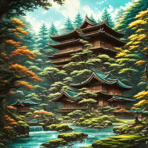 house in the forest, stream, ancient japanese architecture, fantasy, wonderland, extreme details, realistic light, epic composition, (intricate details), (hyper detail: 1.2), (masterpiece, best quality, super HD), manga style, anime, anime style