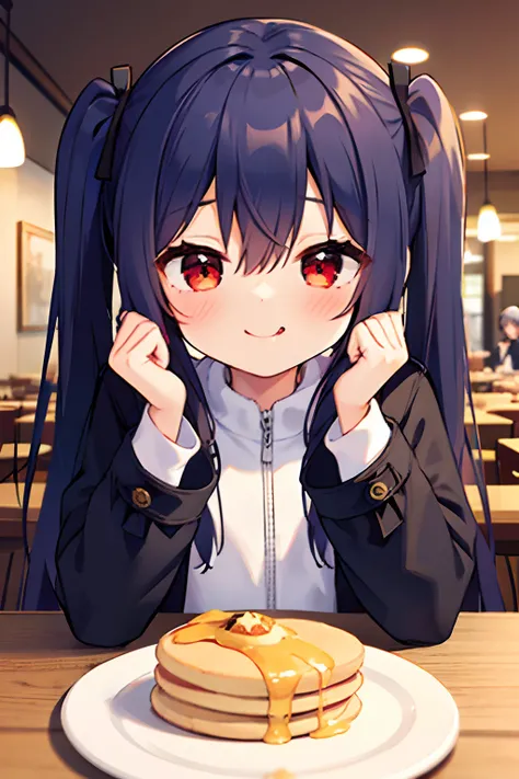 1girl, young girl, masterpiece, high quality, dark blue hair, long hair, straight hair, (twintail), red eyes, in the restaurant, eating pancake, happy, wearing a coat, a hair pin, smiling, ((detail face)), stars in the eyes, licking ones finger