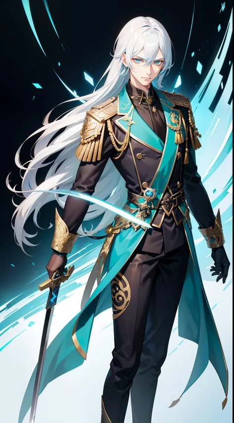 Tall guy, Silver hair squared, Cyan eyes, smirk, grace, Beautiful blue Chinese combat jacket, Gold Elements, black tight pants, Chinese Sword, Blue finch, Ling(Mobile Legends), hiquality, 4k, HD, Good detail