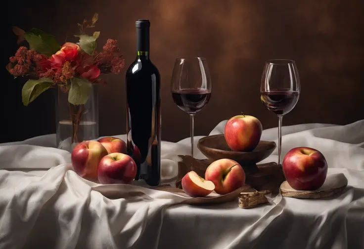 A red wine bottle and apples and peach on the table, a napkin and wine glass,  window lighting , background curtains, still life impasto painting , dark background,