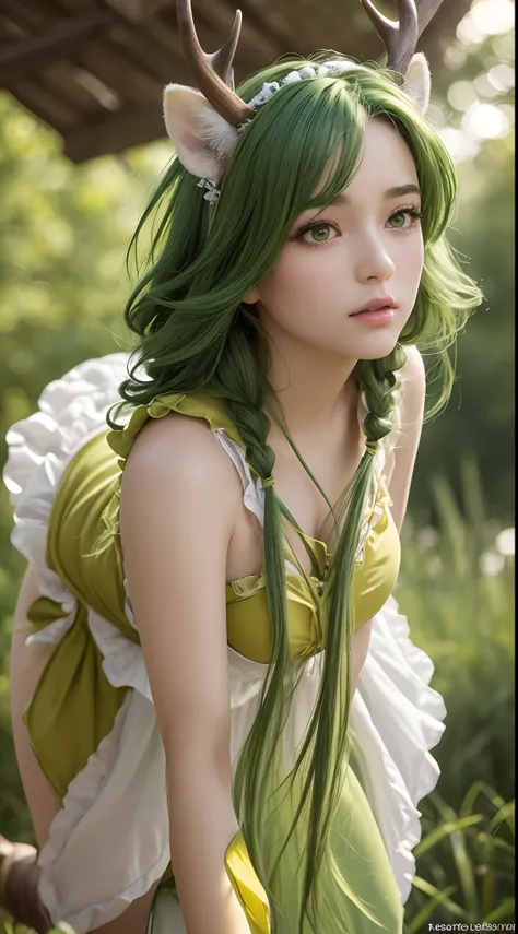 (Best quality,4K,8K,A high resolution,Masterpiece:1.2),Ultra-detailed,(Realistic,Photorealistic,photo-realistic:1.37),Bokeh,Green-haired beauty,Vertical yellow pupils,deer antlers,maid costume,Soft lighting,Bending over,Playful and elegant,Sharp focus,Supe...