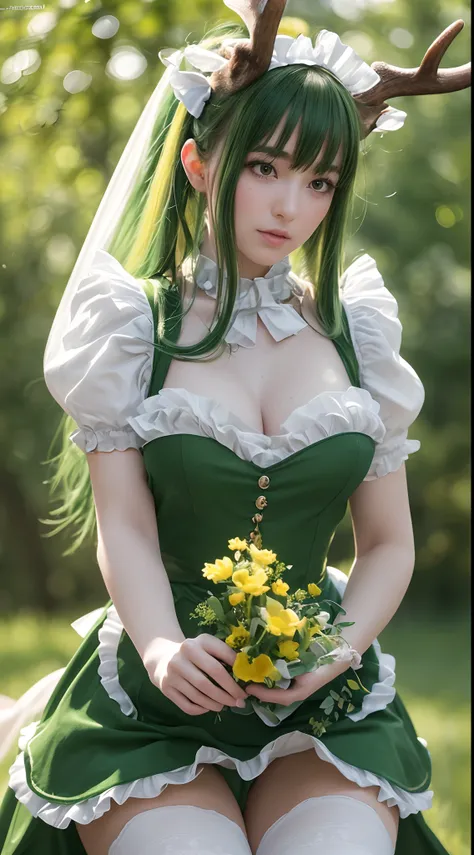 (Best quality,4K,8K,A high resolution,Masterpiece:1.2),Ultra-detailed,(Realistic,Photorealistic,photo-realistic:1.37),Bokeh,Green-haired beauty,Vertical yellow pupils,deer antlers,maid costume,Soft lighting,Bending over,Playful and elegant,Sharp focus,Supe...