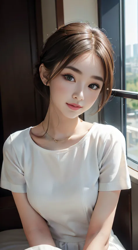 ​masterpiece、Top image quality:1.2、((beautiful young woman with))、Transparent skin:1.2、{A slight smil}、(kawaii)、Short sleeve knit、luxury hotel、depth of fields