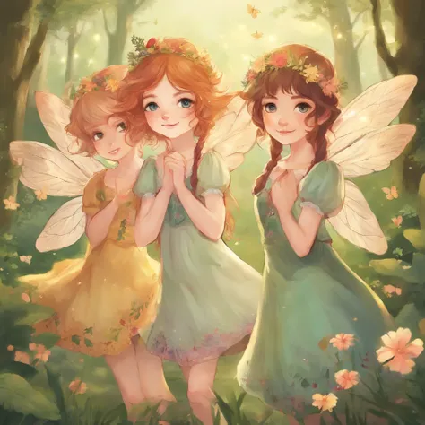 Three cute fairies, huge hazel eyes, dragonflies, forest, sense of joy, golden hour, Mab Graves