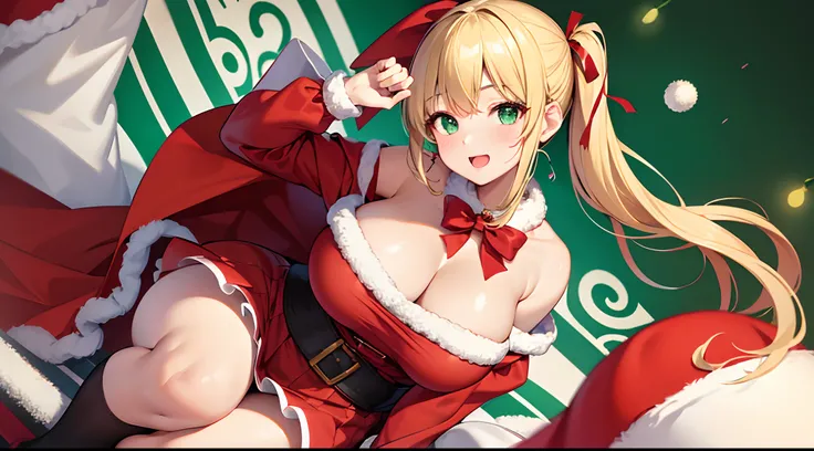 1 girl, game CG, Santa Claus costume, short skirt, cleavage visible, hair ribbon, gigantic breasts, blonde, middle hair, side ponytail, green eyes, Christmas background,