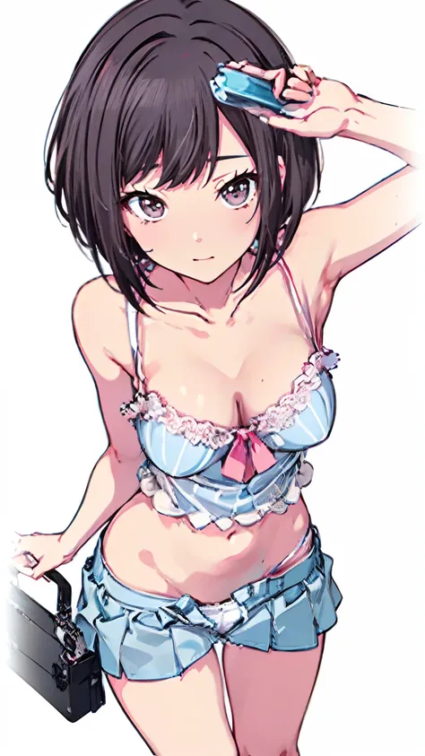 (Light blue camisole　Pull up the skirt to show white panties　Unhook the bra　Gravure Pose　Very detailed down to the smallest detail　clear outlines　Beautiful face　Beautiful skin)  thin-waist　A slender　ribbed　skinny limbs　teats　cleavage of the breast　Beautifu...