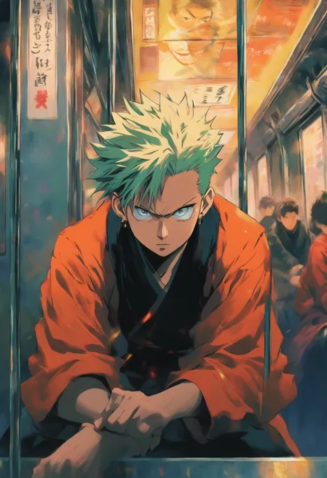 In an everyday setting, Gojo from Jujutsu Kaisen sits casually on a bustling metro train, surrounded by the mundanity of everyday life. Dressed in his distinctive Jujutsu High uniform, he exudes an air of effortless confidence, his vibrant hair contrasting...