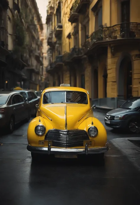 yellow car on the street, hyperrealistic