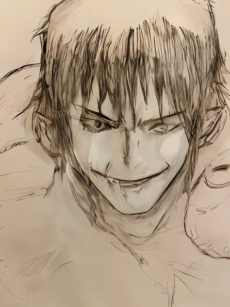 Photo of a smiling man, portrait of guts from berserk, detailed anime face, anime sketch, berserk style, perfect anime face, portrait of luffy from one piece, Big eyes and menacing smile, guts from berserk, portrait of eren yeager, Anime Drawing, Eren Yeag...