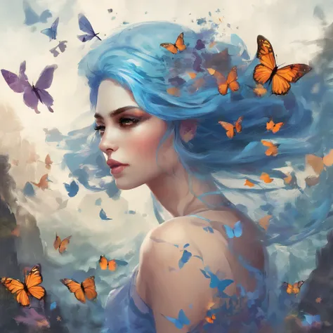 Woman with blue hair and butterflies, flying around her, beautiful gorgeous digital art, beautiful digital art, Very beautiful digital art, gorgeous digital art, beautiful fairy, Fantasy is beautiful, digital art image, beautiful fairies, beautiful fantasy...