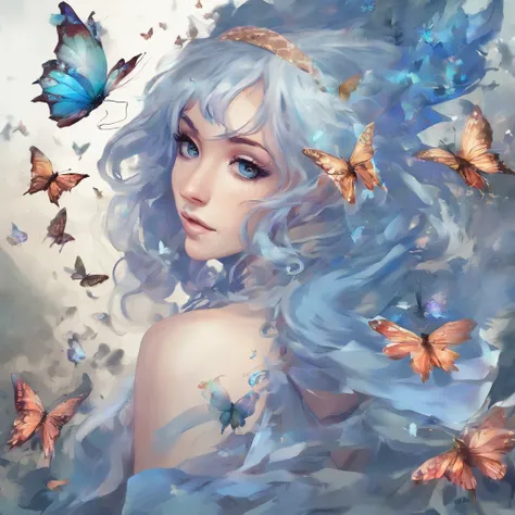 Woman with blue hair and butterflies, flying around her, beautiful gorgeous digital art, beautiful digital art, Very beautiful digital art, gorgeous digital art, beautiful fairy, Fantasy is beautiful, digital art image, beautiful fairies, beautiful fantasy...