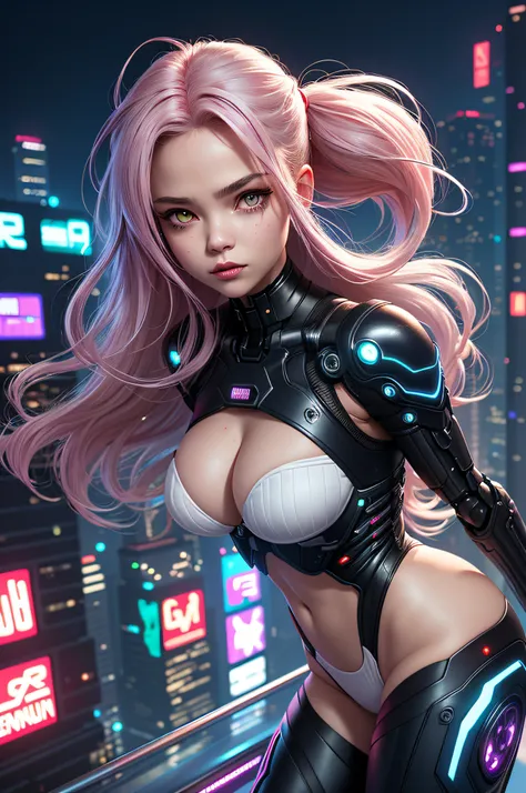 intricate details, 1girl, night, (bright neon colors), ((flying over futuristic cyberpunk city)), detailed background, (petite cyborg girl, ((cute perfect face, dreamy glowing eyes)), flushed cheeks, full lips, mischievous gaze perfect hands, (perfect anat...